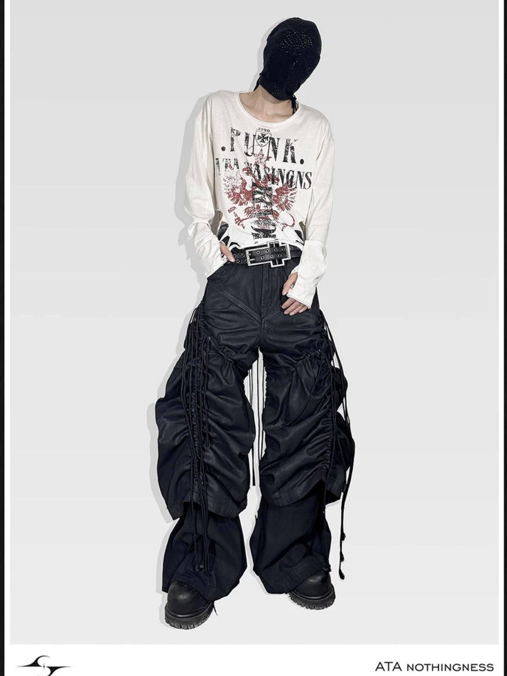 ATAnothingness Pleated Cargo Loose Fit Dark Gothic Mid Rise Cotton Casual Wide-Leg Jeans