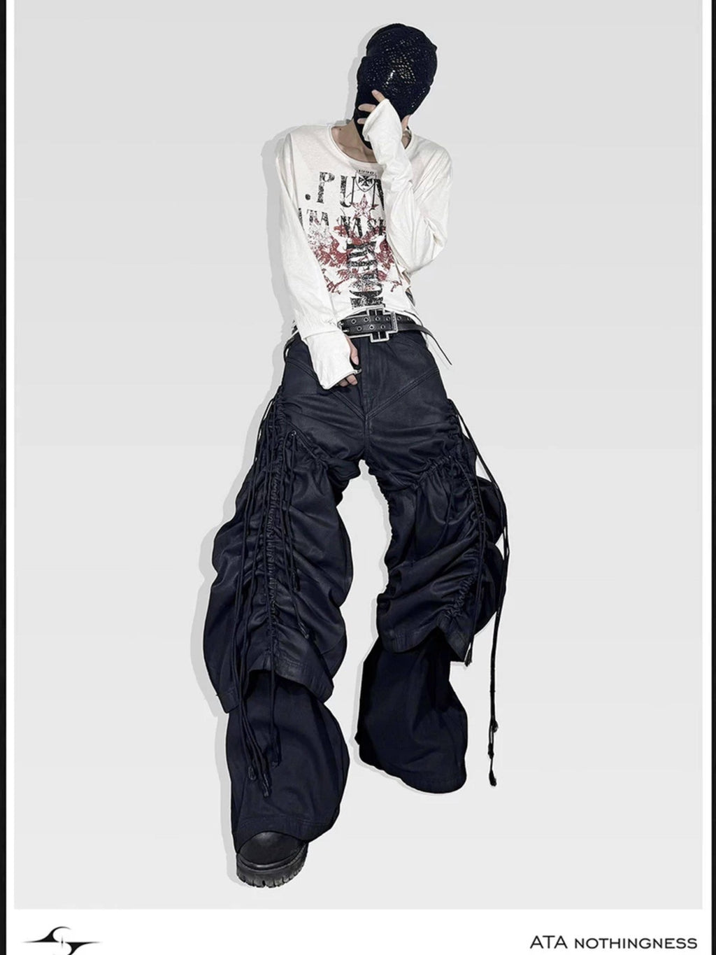 ATAnothingness Pleated Cargo Loose Fit Dark Gothic Mid Rise Cotton Casual Wide-Leg Jeans