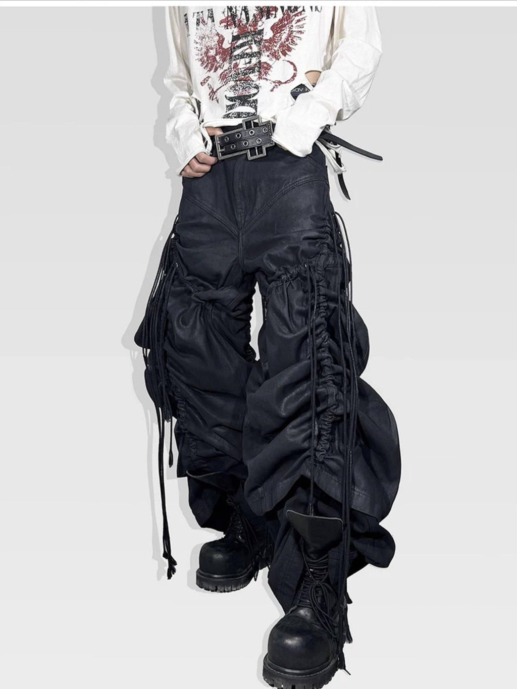 ATAnothingness Pleated Cargo Loose Fit Dark Gothic Mid Rise Cotton Casual Wide-Leg Jeans
