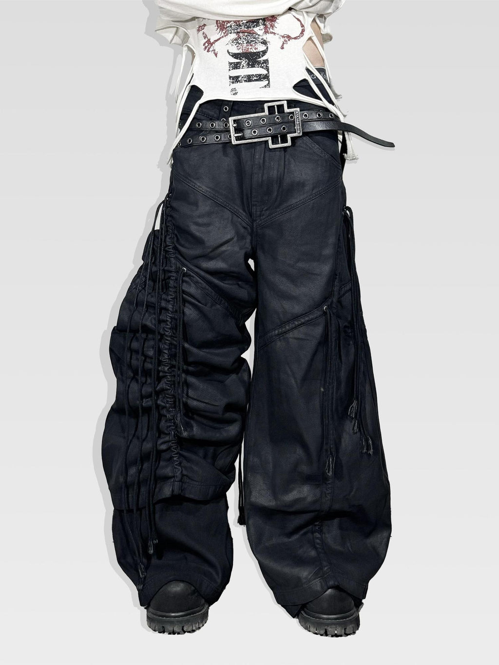 ATAnothingness Pleated Cargo Loose Fit Dark Gothic Mid Rise Cotton Casual Wide-Leg Jeans