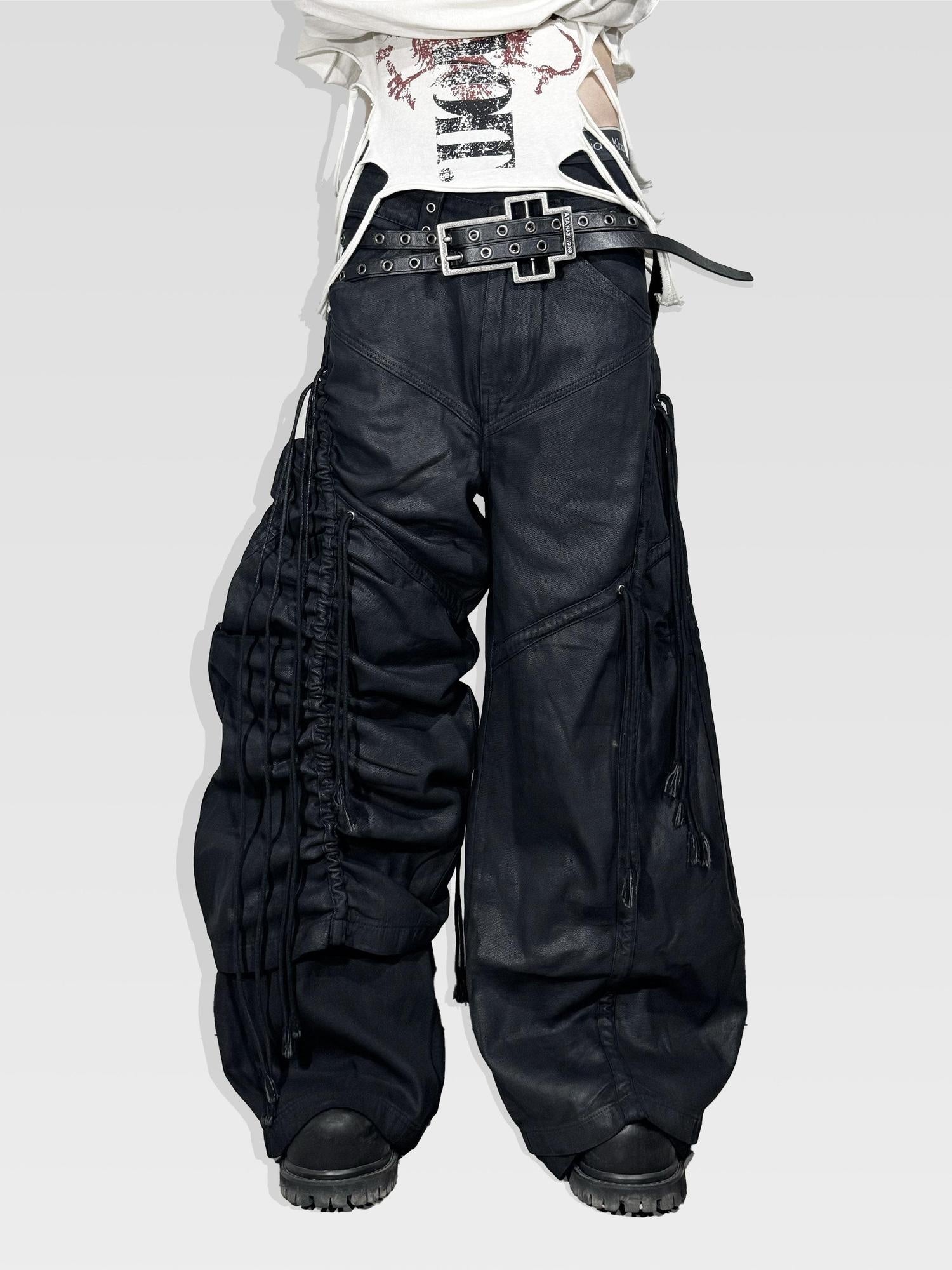 ATAnothingness Pleated Cargo Loose Fit Dark Gothic Mid Rise Cotton Casual Wide-Leg Jeans