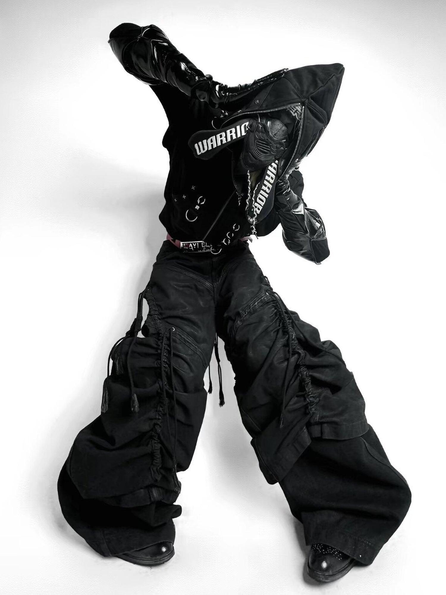 ATAnothingness Pleated Cargo Loose Fit Dark Gothic Mid Rise Cotton Casual Wide-Leg Jeans