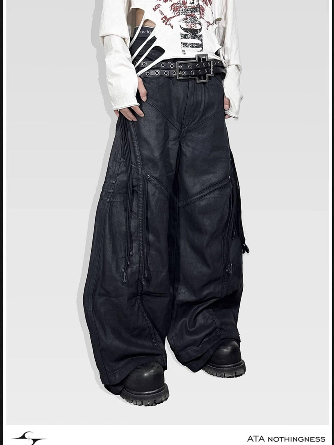 ATAnothingness Pleated Cargo Loose Fit Dark Gothic Mid Rise Cotton Casual Wide-Leg Jeans