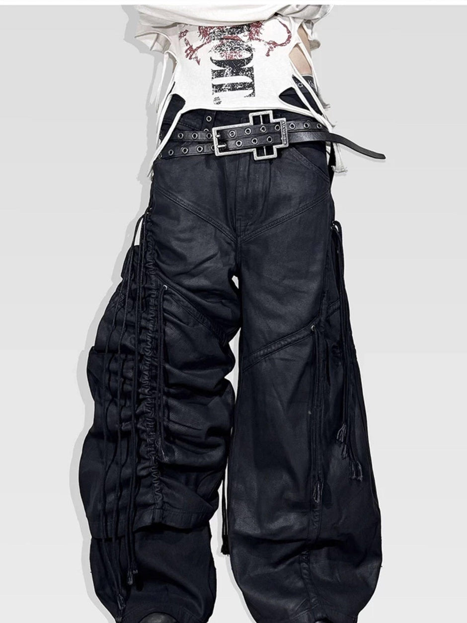 ATAnothingness Pleated Cargo Loose Fit Dark Gothic Mid Rise Cotton Casual Wide-Leg Jeans