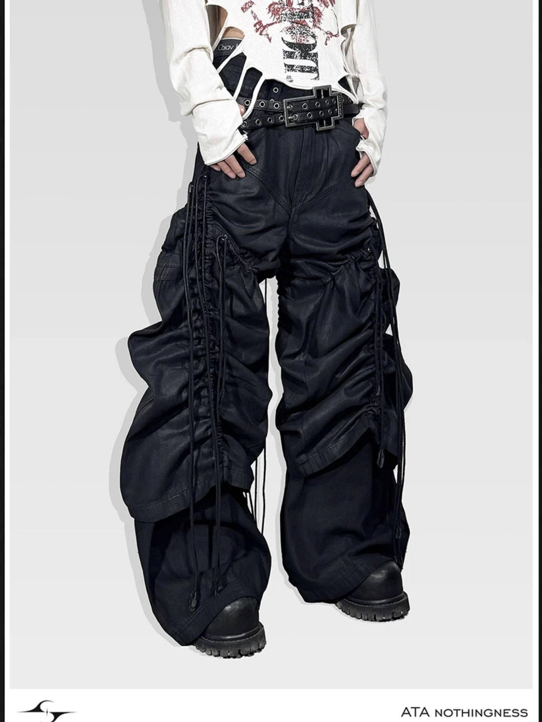 ATAnothingness Pleated Cargo Loose Fit Dark Gothic Mid Rise Cotton Casual Wide-Leg Jeans