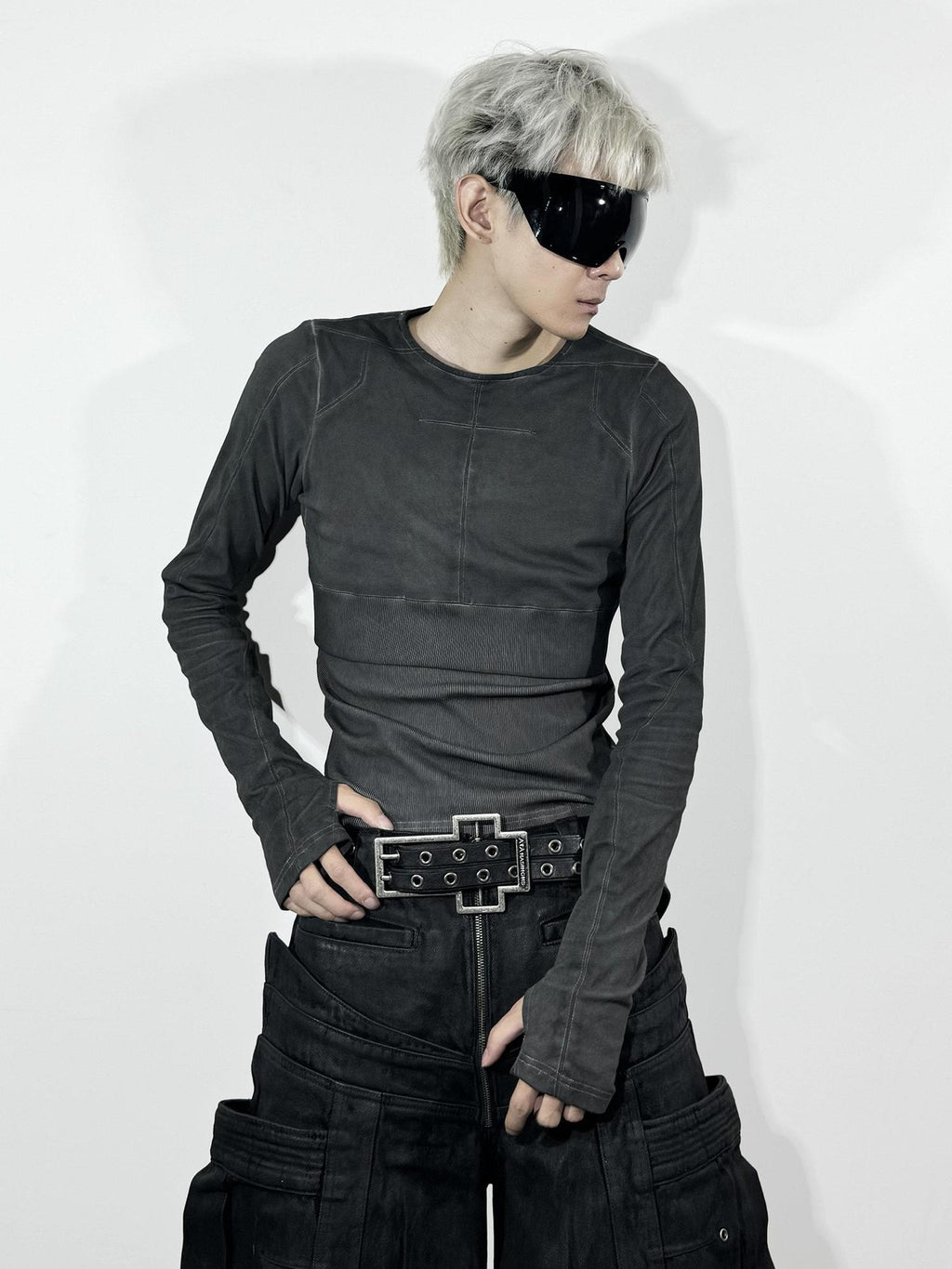 ATAnothingness Slim Fit Distressed Cross Metal Black Unisex Cotton Crew Long Sleeve T-Shirts