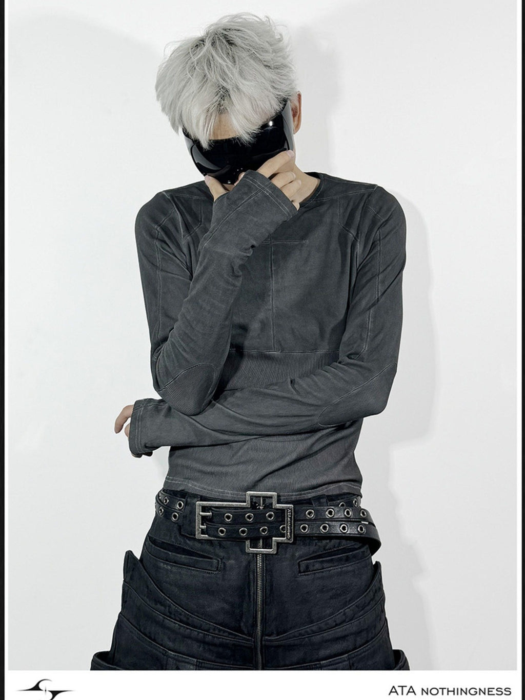 ATAnothingness Slim Fit Distressed Cross Metal Black Unisex Cotton Crew Long Sleeve T-Shirts