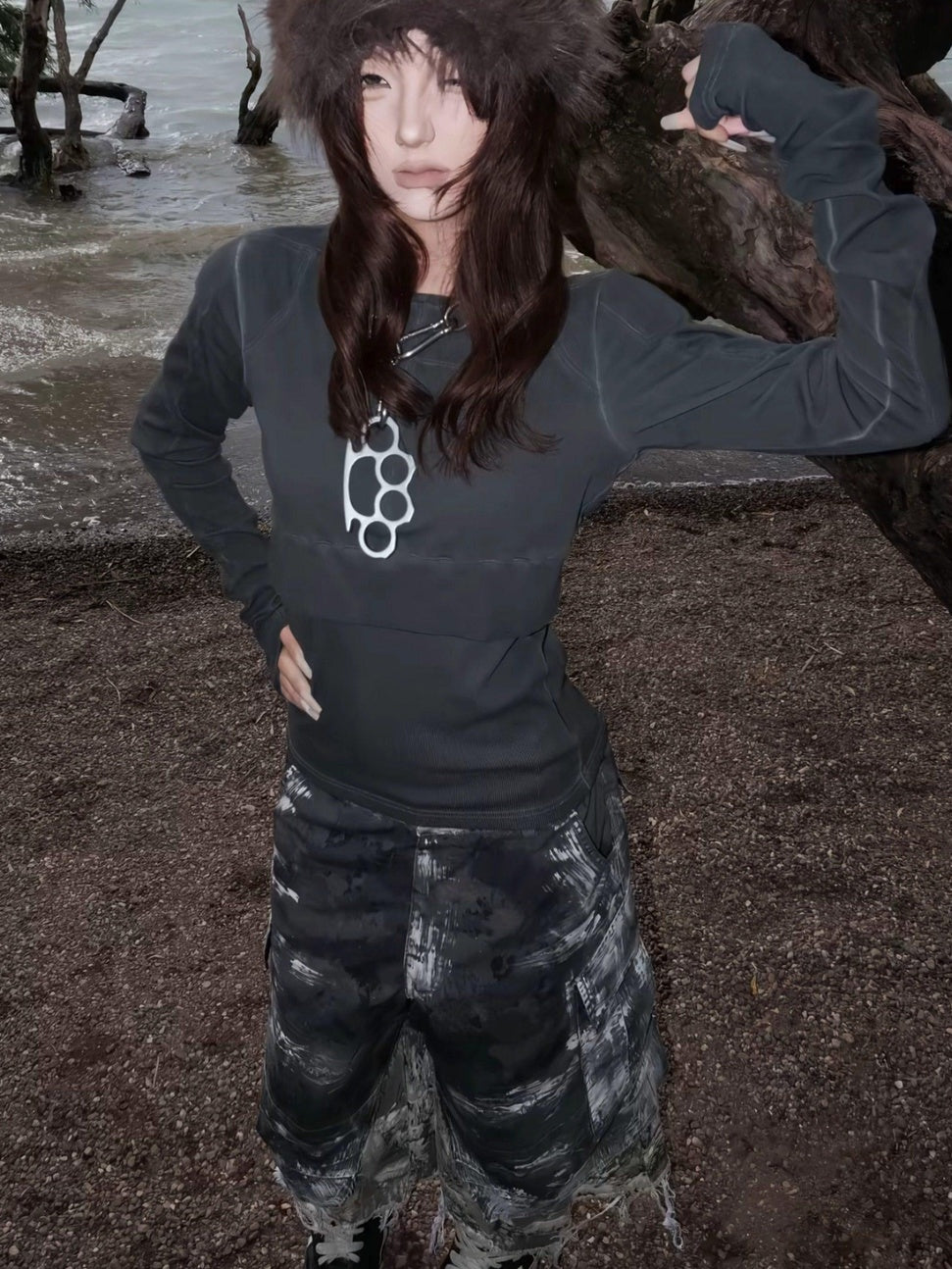 ATAnothingness Slim Fit Distressed Cross Metal Black Unisex Cotton Crew Long Sleeve T-Shirts