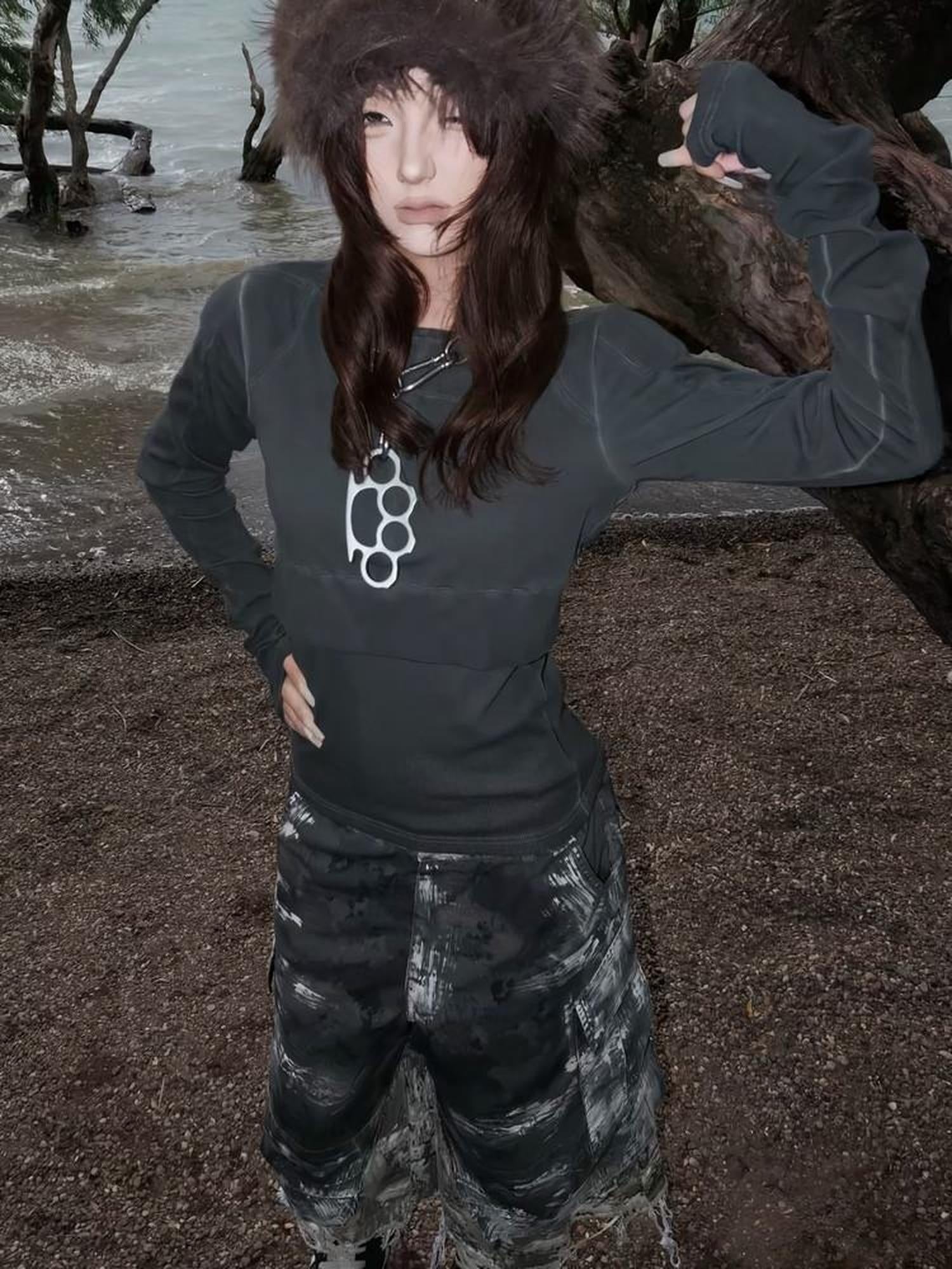 ATAnothingness Slim Fit Distressed Cross Metal Black Unisex Cotton Crew Long Sleeve T-Shirts