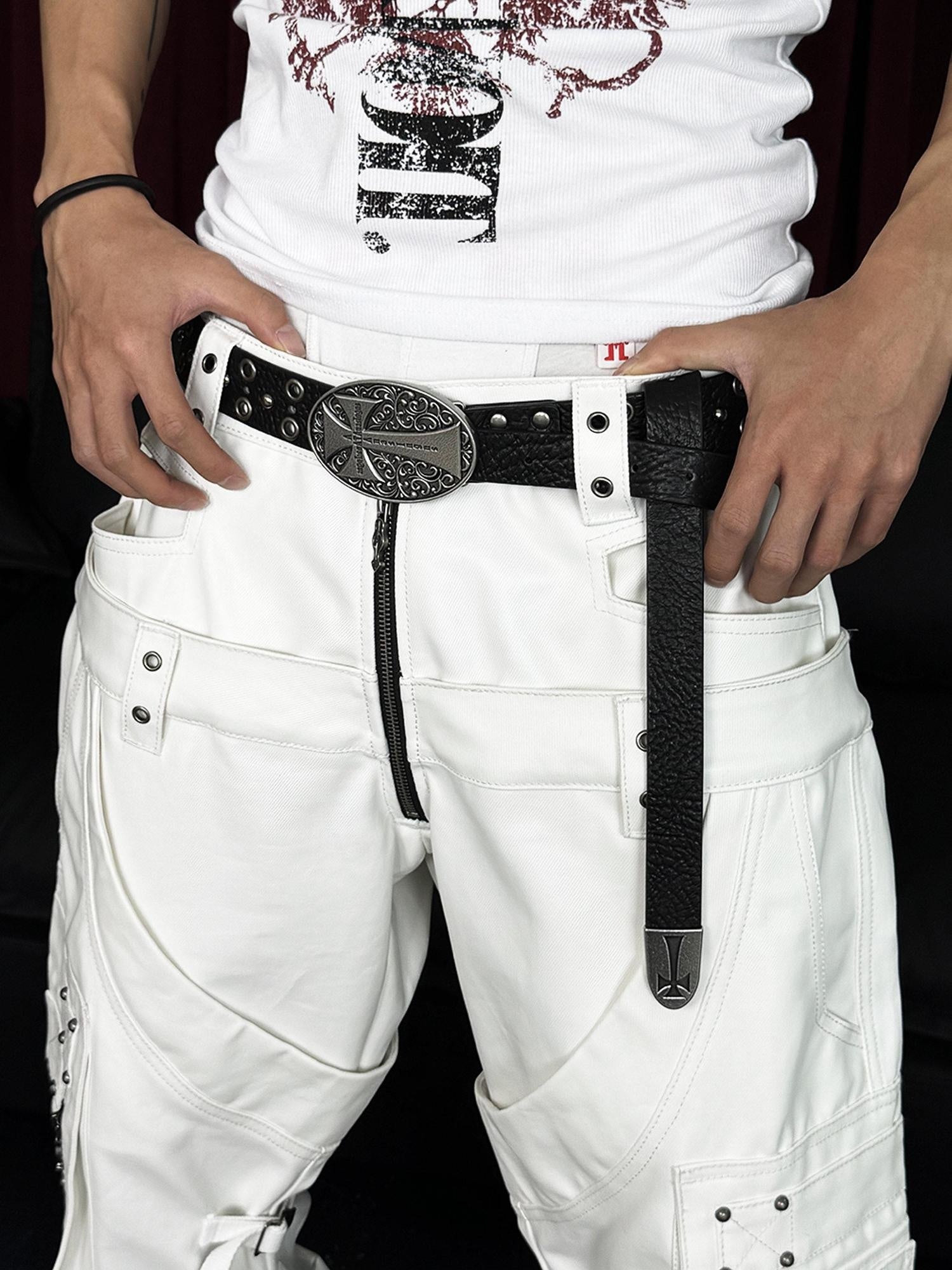 ATAnothingness Studded Carved Cowhide Vintage Punk Street Unisex Pin Buckle Belts