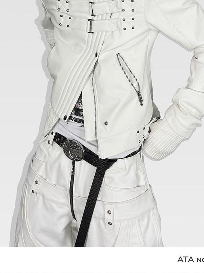 ATAnothingness Windproof Pu Leather Short Zip Jacket Women Silver Moon Leather Jackets