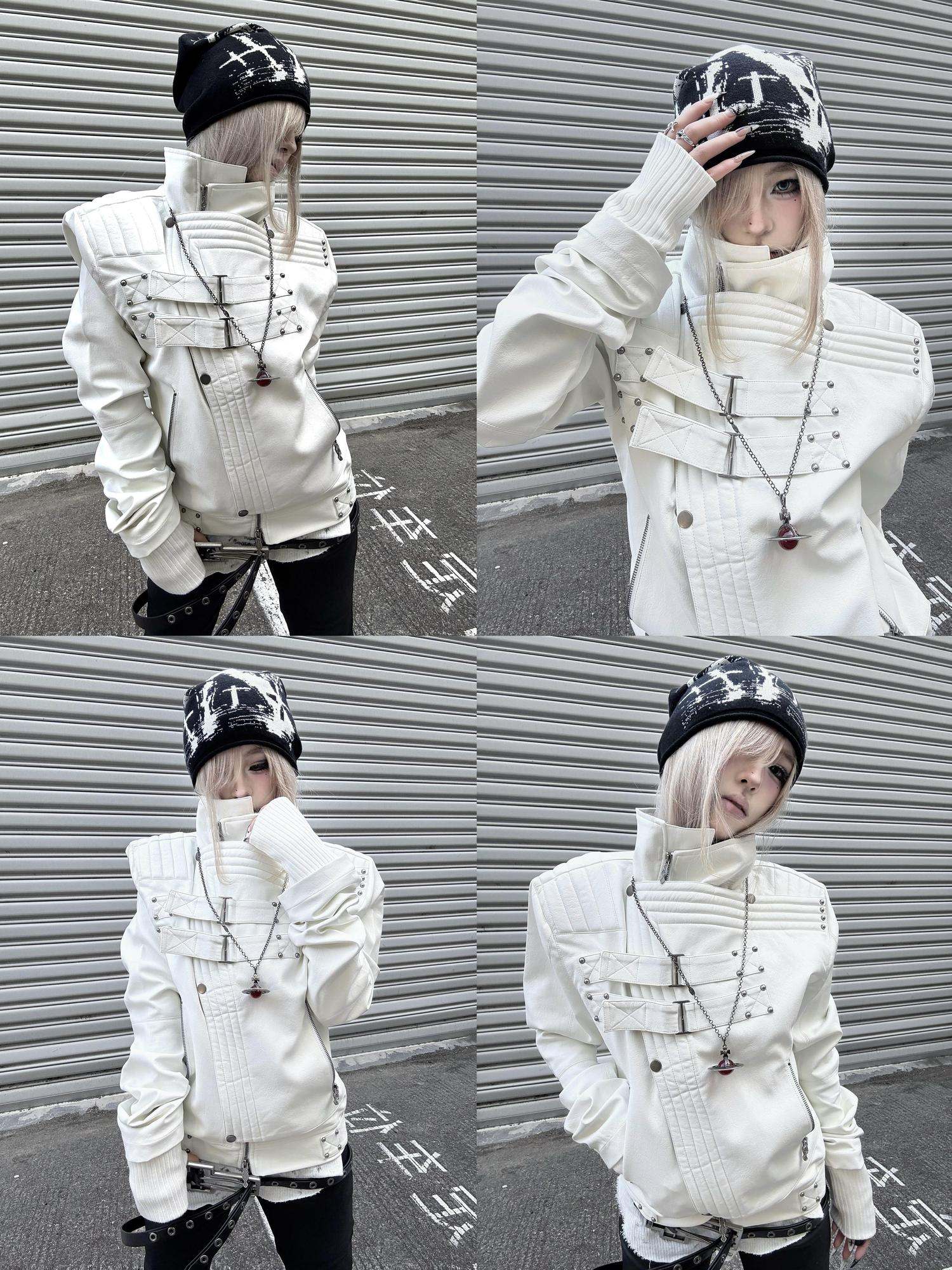 ATAnothingness Windproof Pu Leather Short Zip Jacket Women Silver Moon Leather Jackets