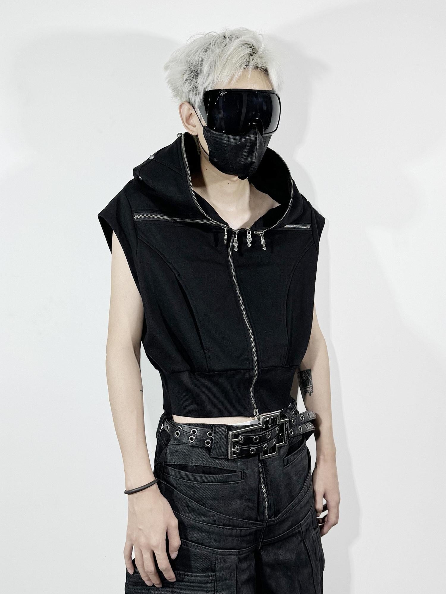ATAnothingness Youthful Hooded Cotton Blend Open Front Standard Fit Unisex Student Black Vests