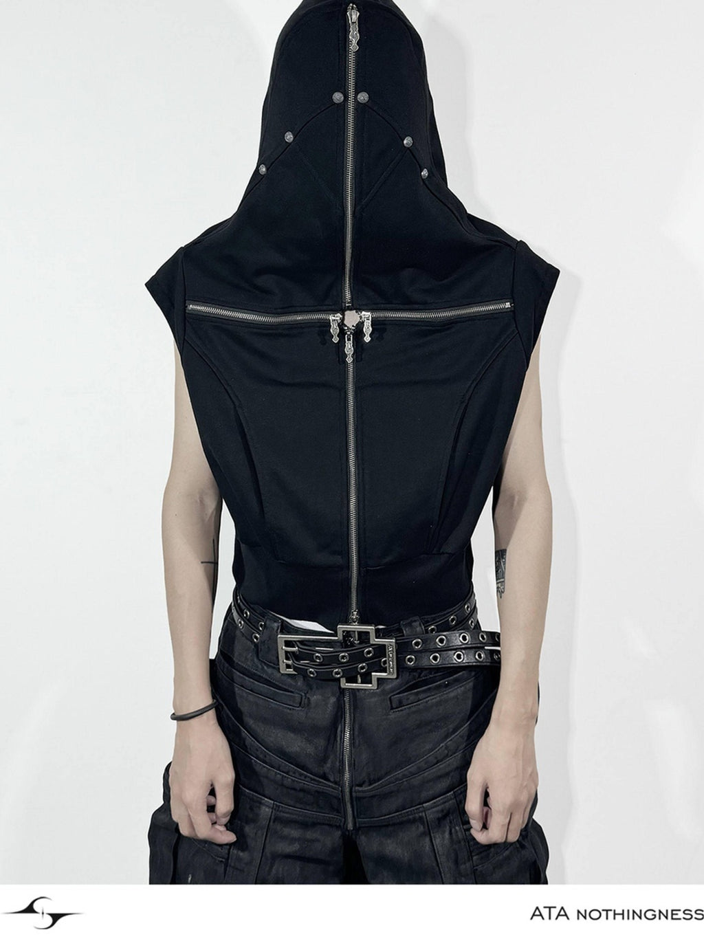 ATAnothingness Youthful Hooded Cotton Blend Open Front Standard Fit Unisex Student Black Vests