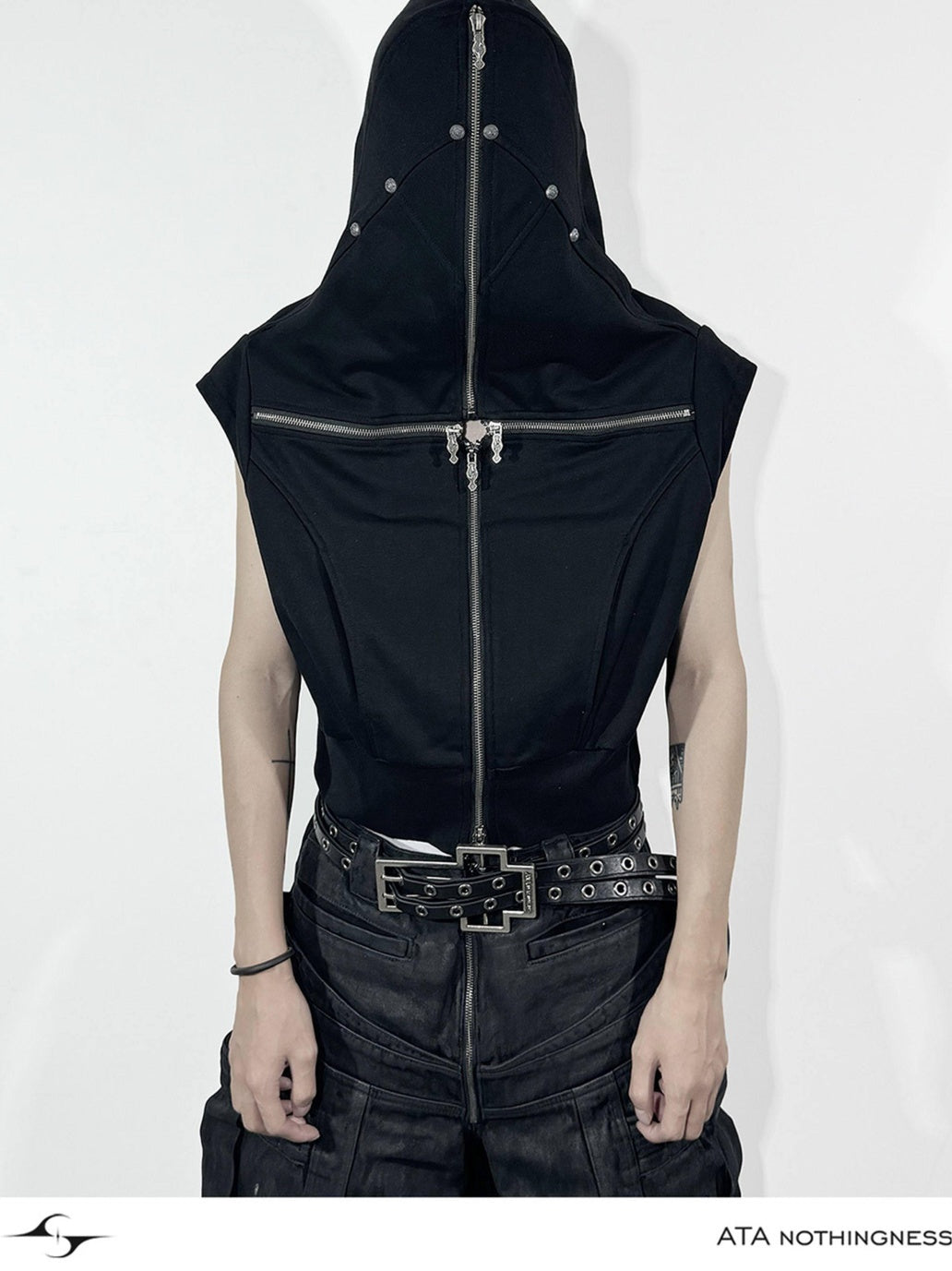 ATAnothingness Youthful Hooded Cotton Blend Open Front Standard Fit Unisex Student Black Vests