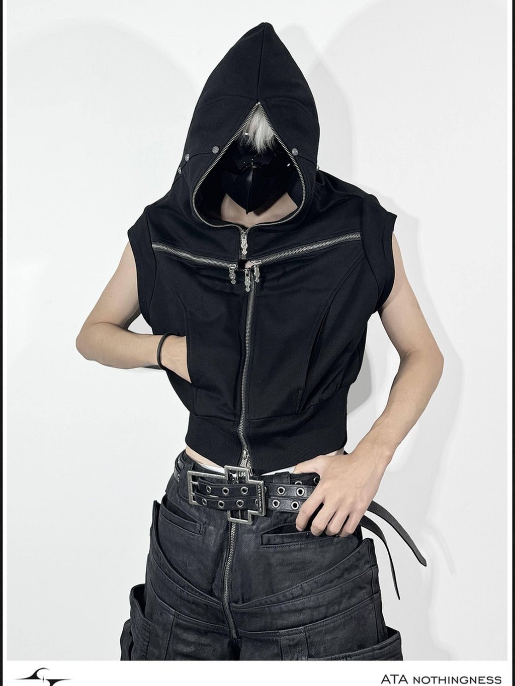 ATAnothingness Youthful Hooded Cotton Blend Open Front Standard Fit Unisex Student Black Vests