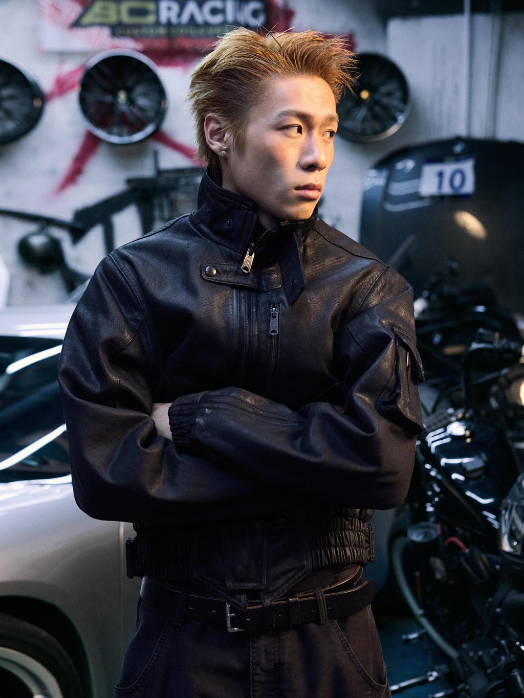 AvinMade Black Biker Waxed Stand Collar Zipper Women's Washed Cotton Puffer Jackets