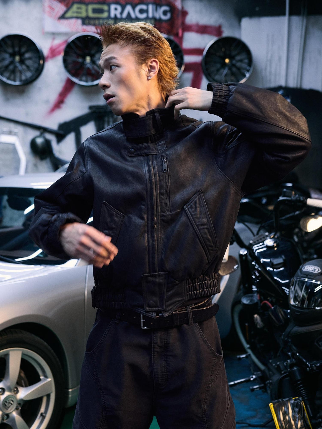 AvinMade Black Biker Waxed Stand Collar Zipper Women's Washed Cotton Puffer Jackets
