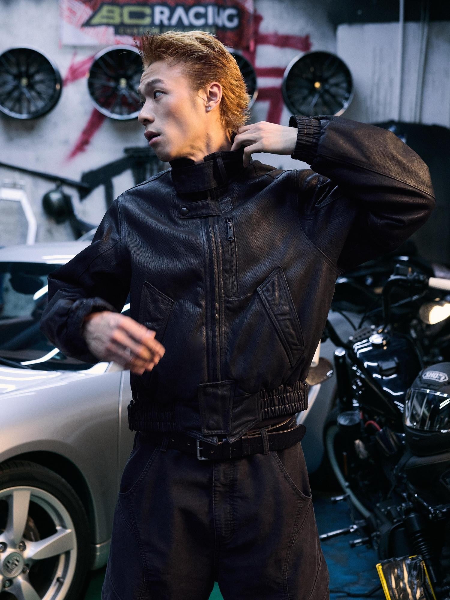 AvinMade Black Biker Waxed Stand Collar Zipper Women's Washed Cotton Puffer Jackets