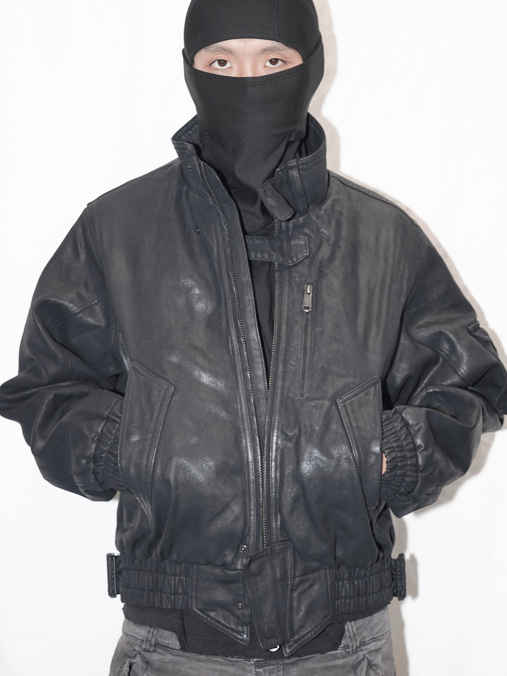 AvinMade Black Biker Waxed Stand Collar Zipper Women's Washed Cotton Puffer Jackets