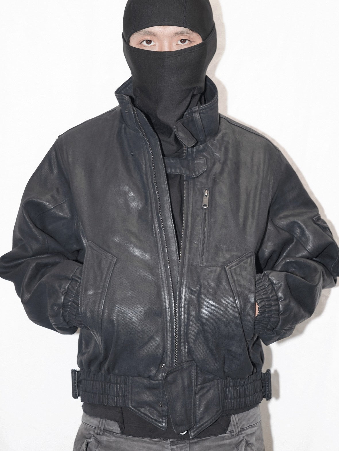 AvinMade Black Biker Waxed Stand Collar Zipper Women's Washed Cotton Puffer Jackets