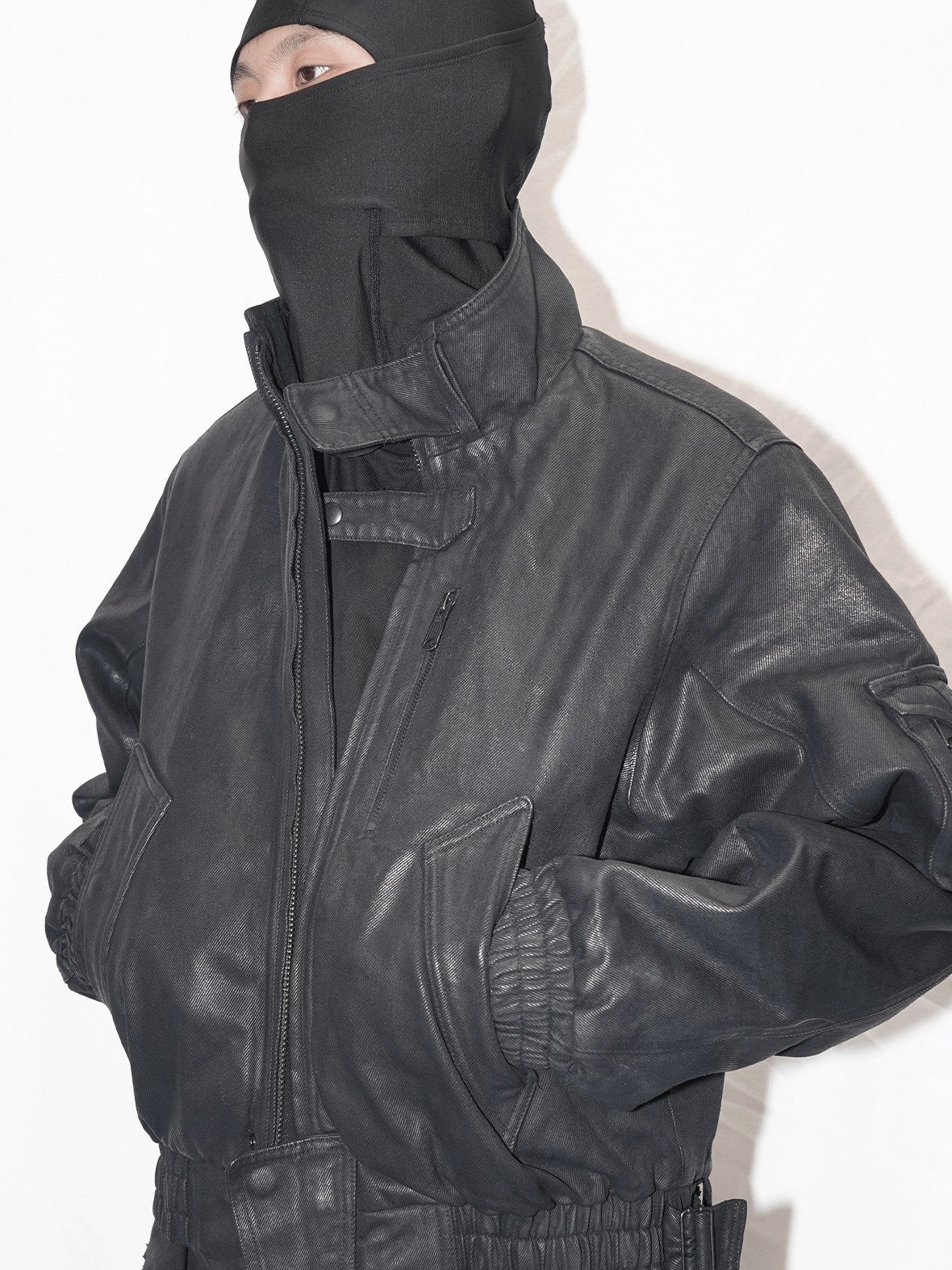 AvinMade Black Biker Waxed Stand Collar Zipper Women's Washed Cotton Puffer Jackets