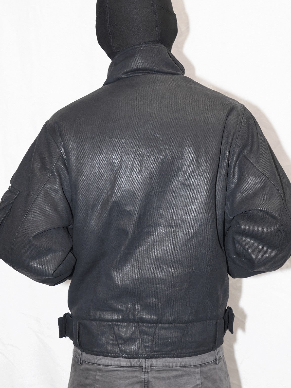 AvinMade Black Biker Waxed Stand Collar Zipper Women's Washed Cotton Puffer Jackets