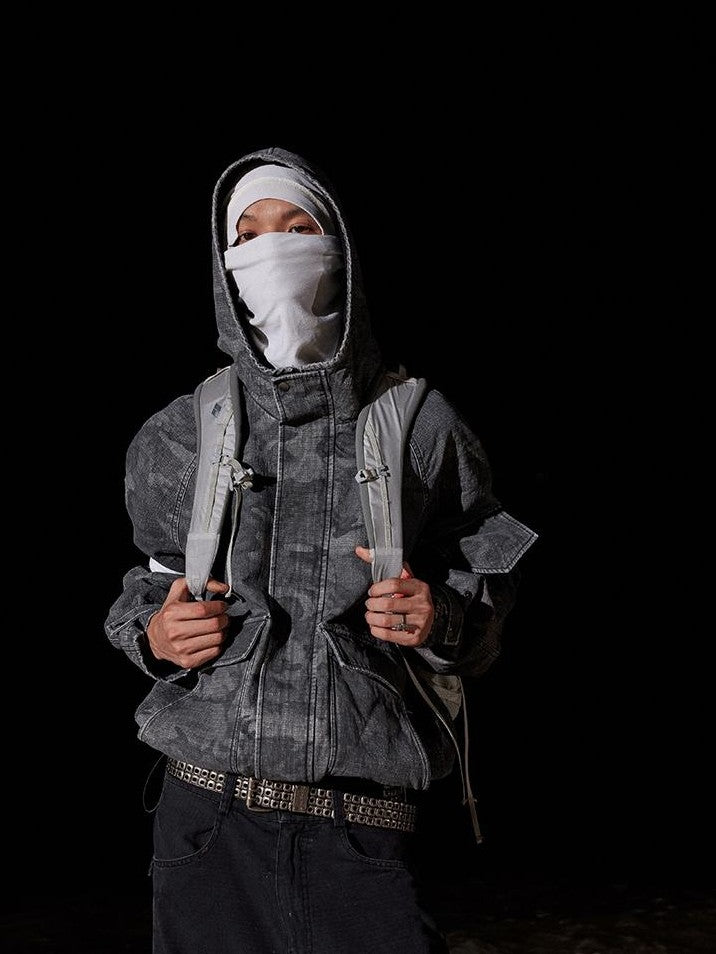 AvinMade Black Gray Camo Stonewash Hooded Women's Cotton Field Jackets