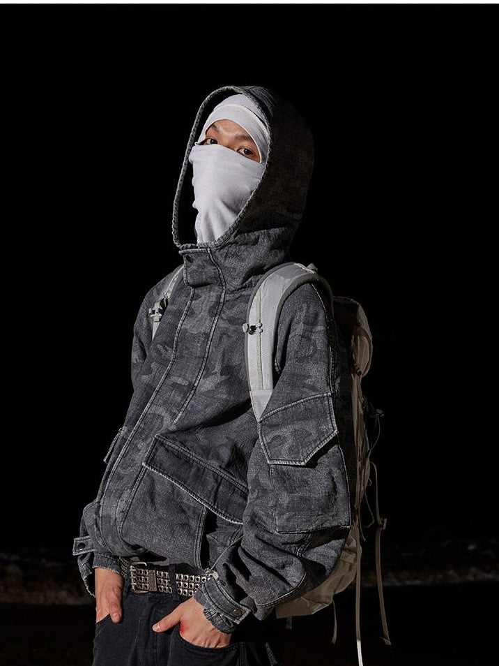 AvinMade Black Gray Camo Stonewash Hooded Women's Cotton Field Jackets