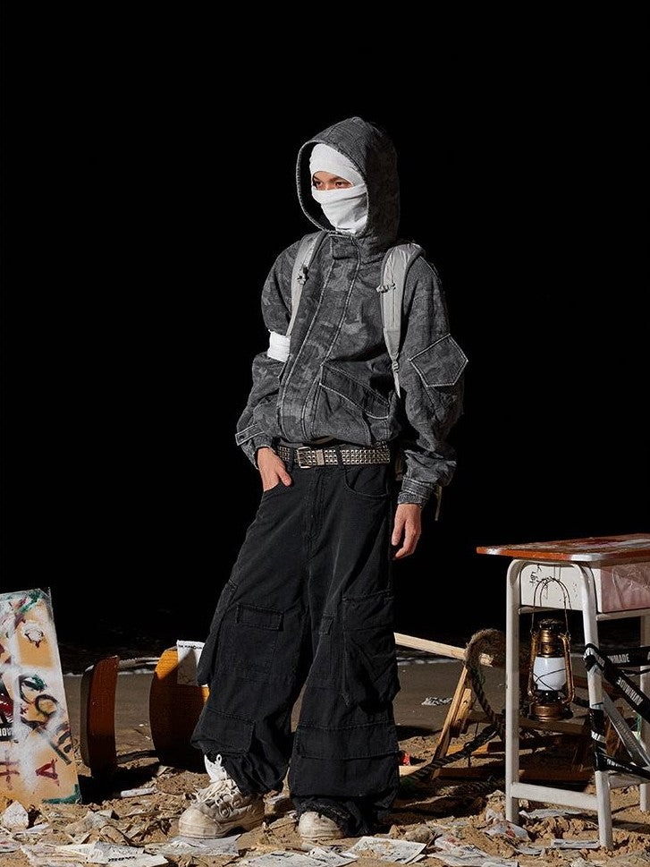 AvinMade Black Gray Camo Stonewash Hooded Women's Cotton Field Jackets