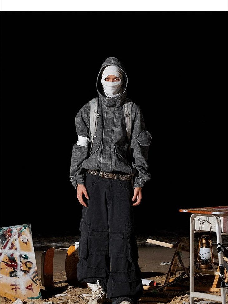 AvinMade Black Gray Camo Stonewash Hooded Women's Cotton Field Jackets