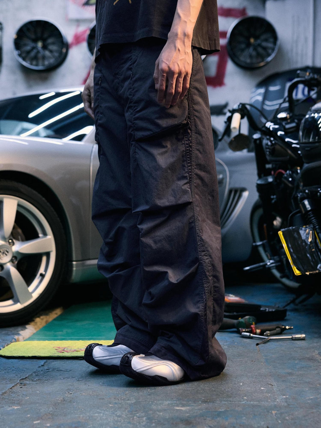 AvinMade Black Purple Oil Washed Distressed Paratrooper Women's Nylon Straight-leg Pants