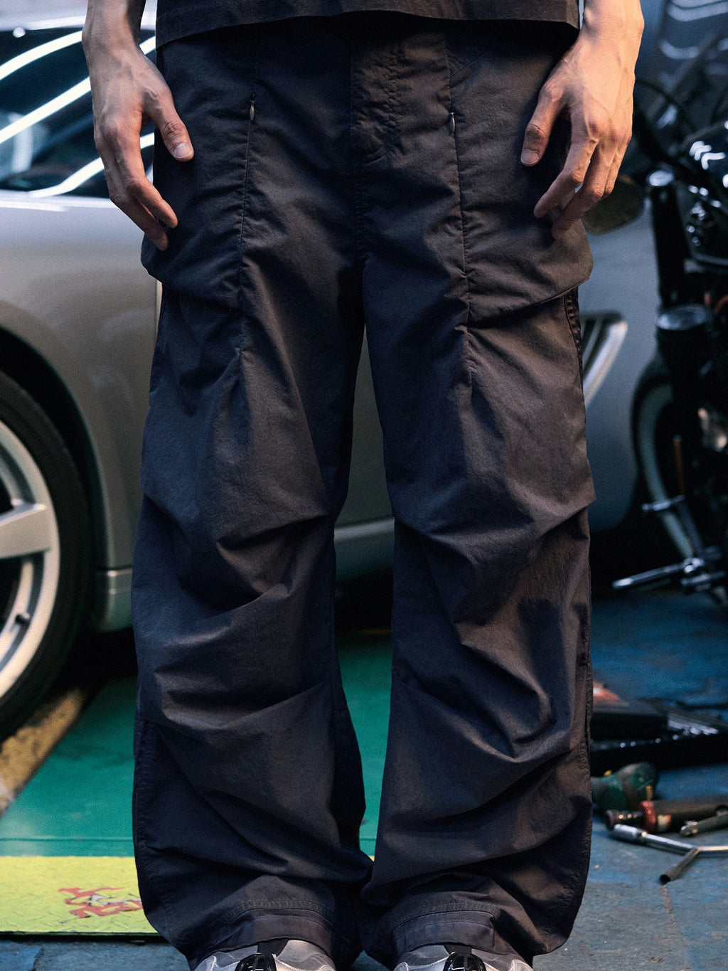 AvinMade Black Purple Oil Washed Distressed Paratrooper Women's Nylon Straight-leg Pants