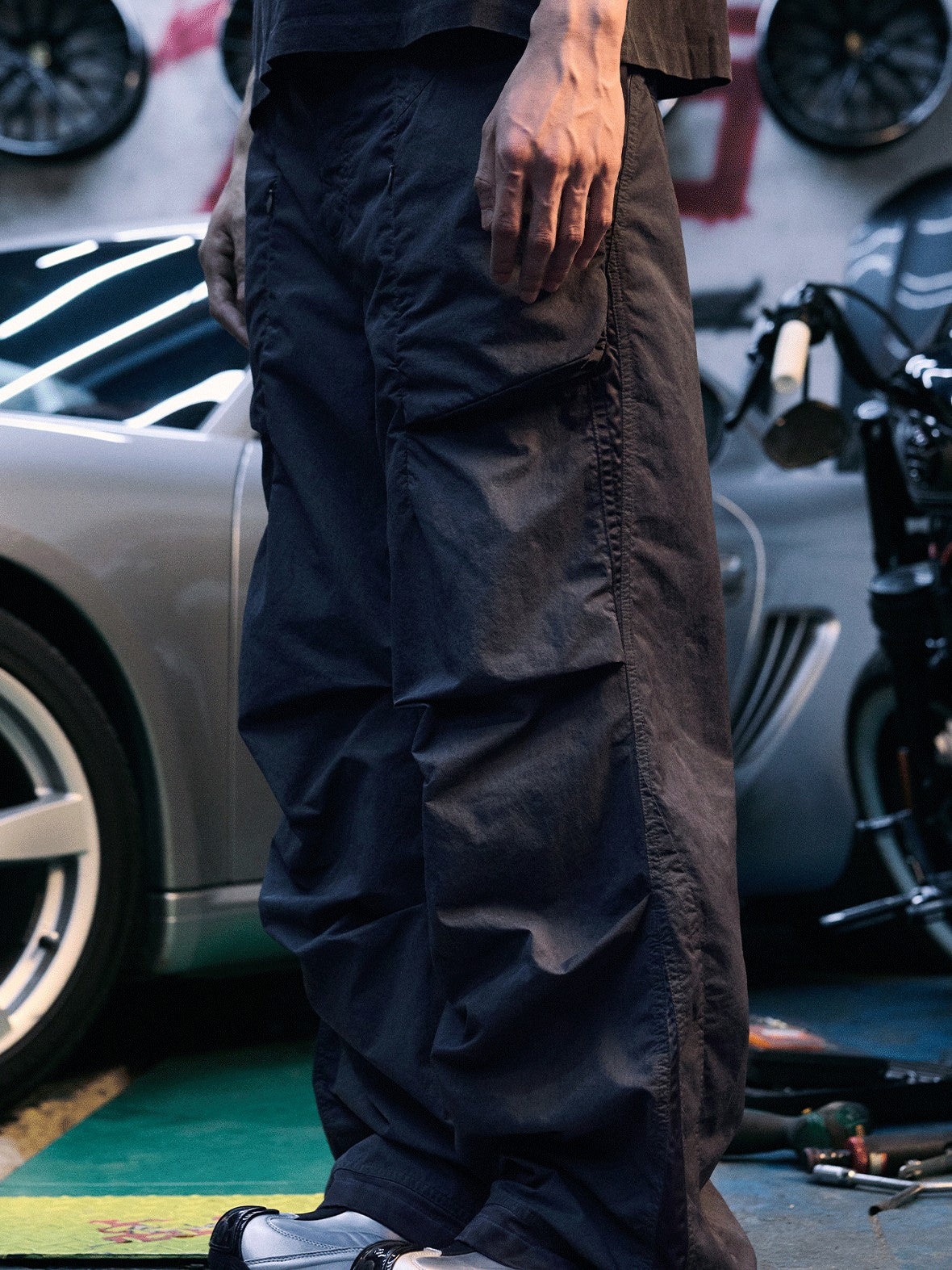 AvinMade Black Purple Oil Washed Distressed Paratrooper Women's Nylon Straight-leg Pants