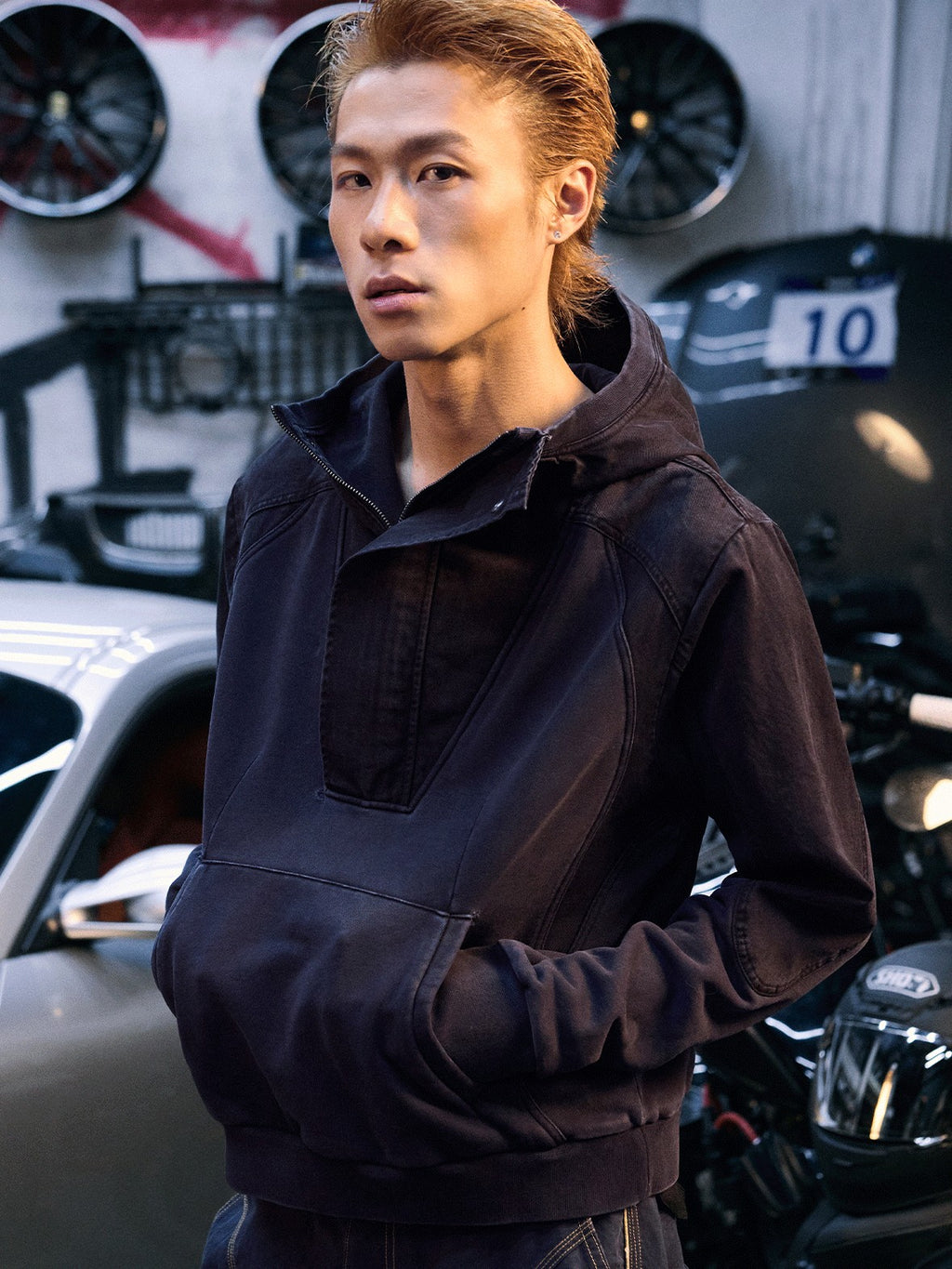 AvinMade Black Purple Patchwork Hooded Women's Cotton Quarter-zip Sweatshirts