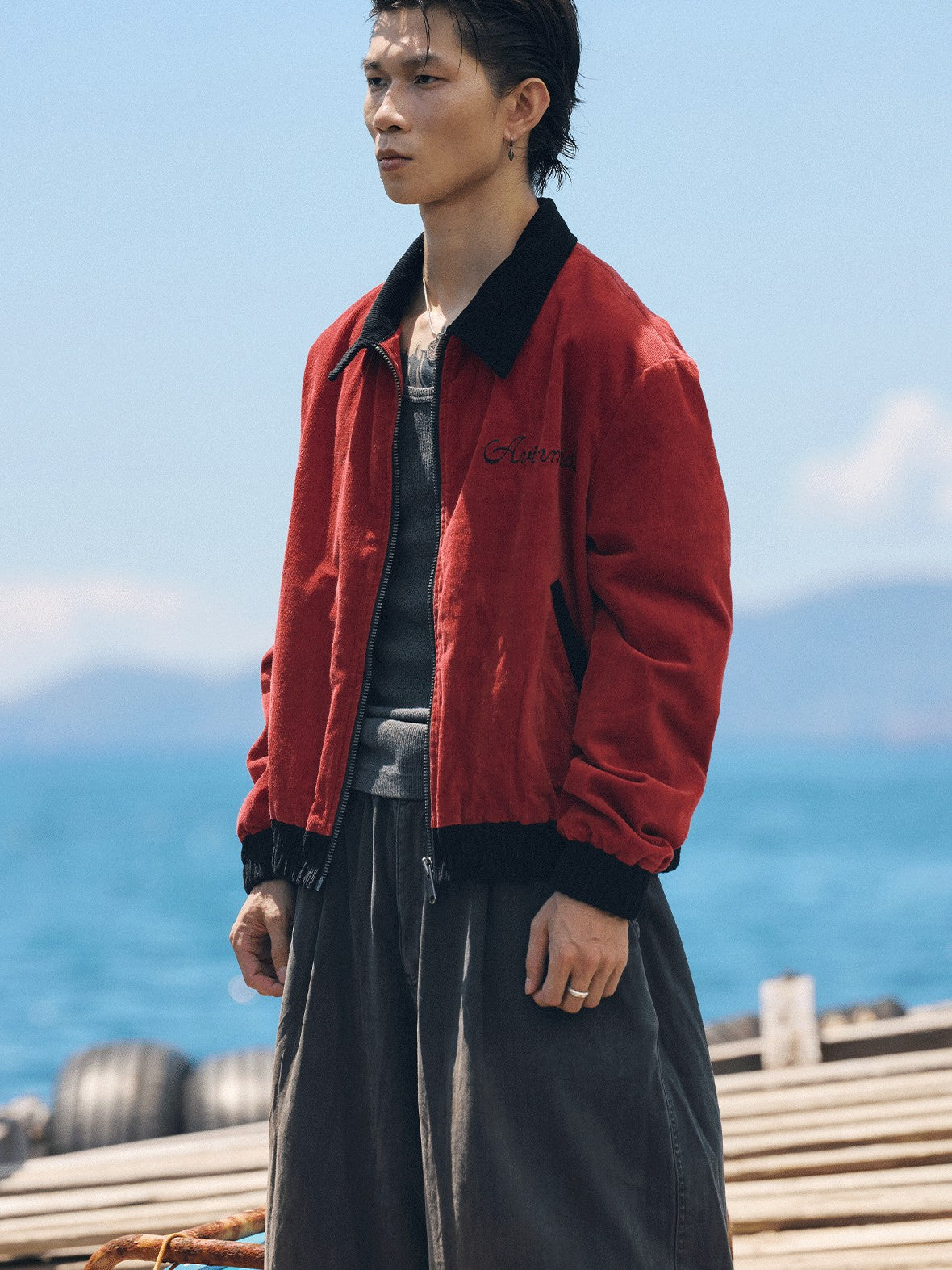 AvinMade Black Red Embroidered Colorblock Women's Corduroy Cotton Stretch Coach Jackets