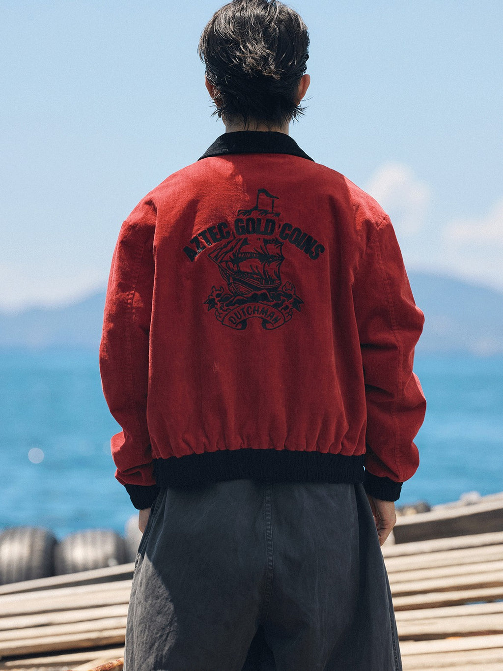 AvinMade Black Red Embroidered Colorblock Women's Corduroy Cotton Stretch Coach Jackets