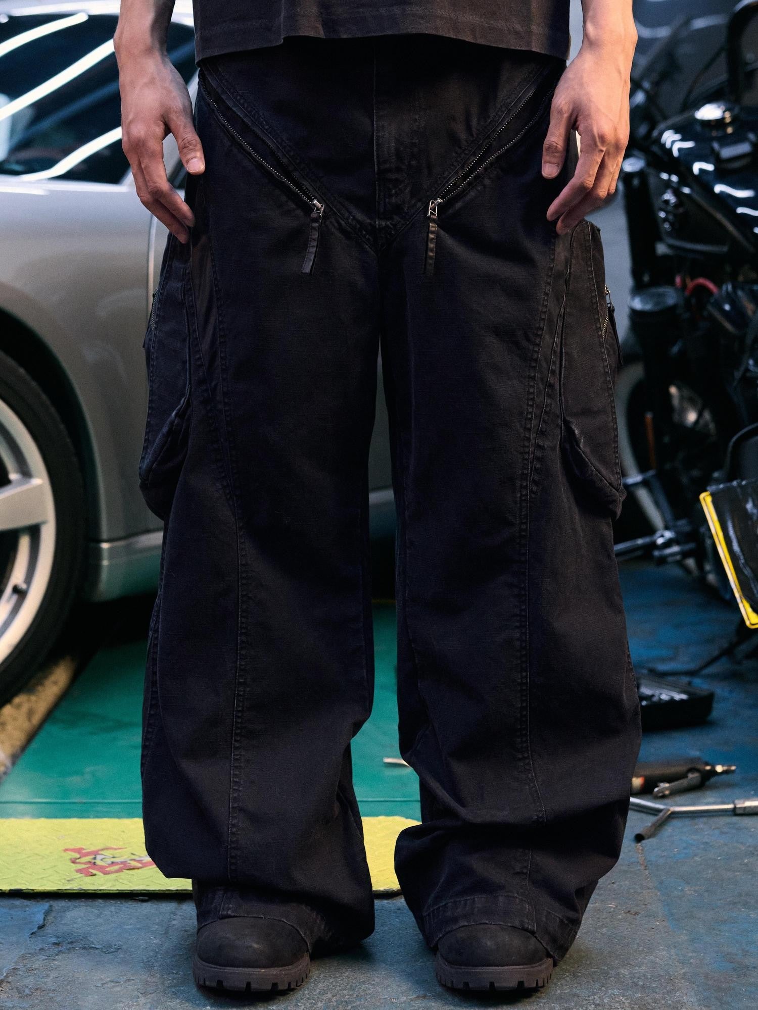 AvinMade Black Slub Canvas Patchwork Zipper Cargo Women's Cotton Straight-leg Pants