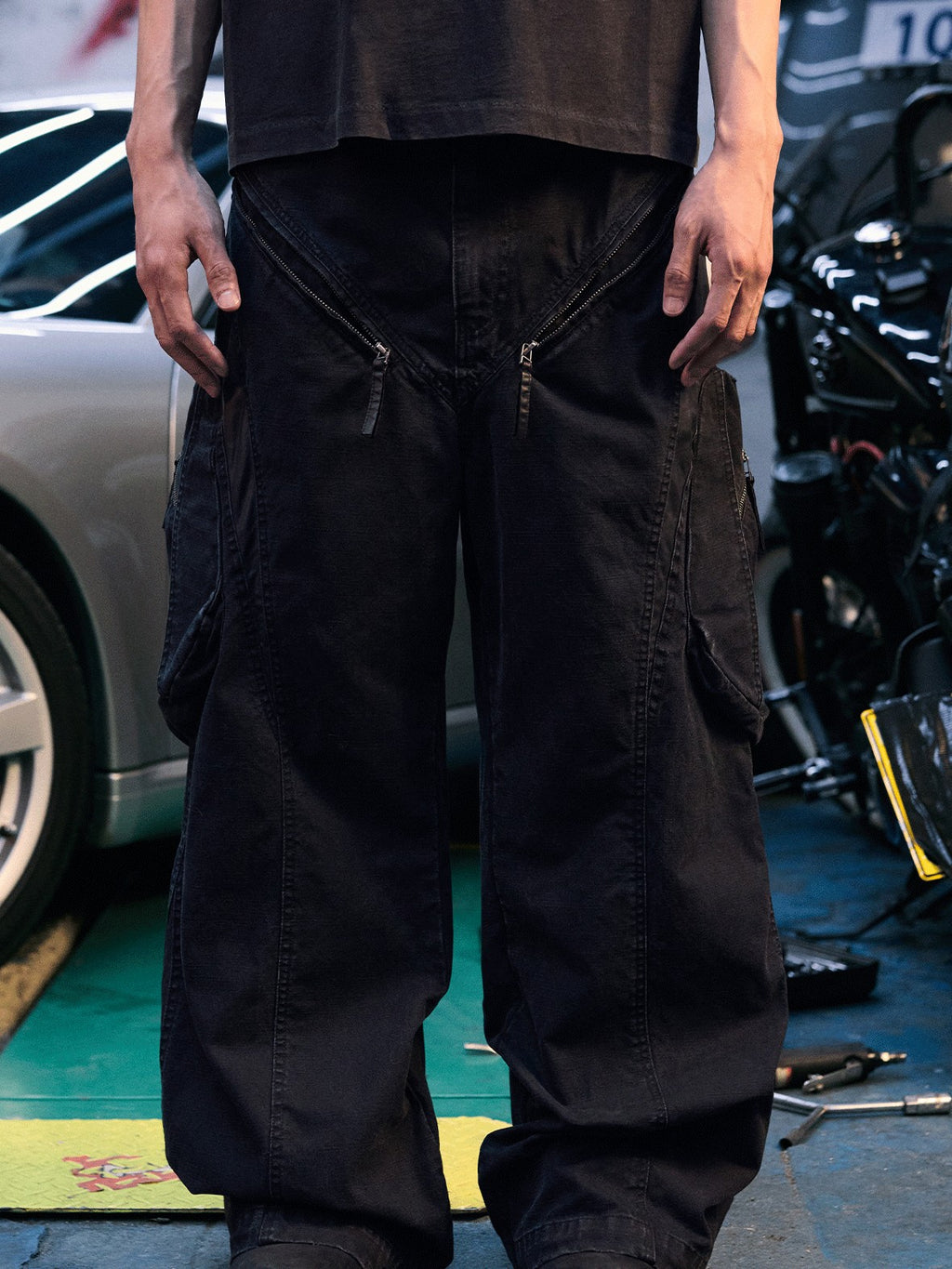AvinMade Black Slub Canvas Patchwork Zipper Cargo Women's Cotton Straight-leg Pants