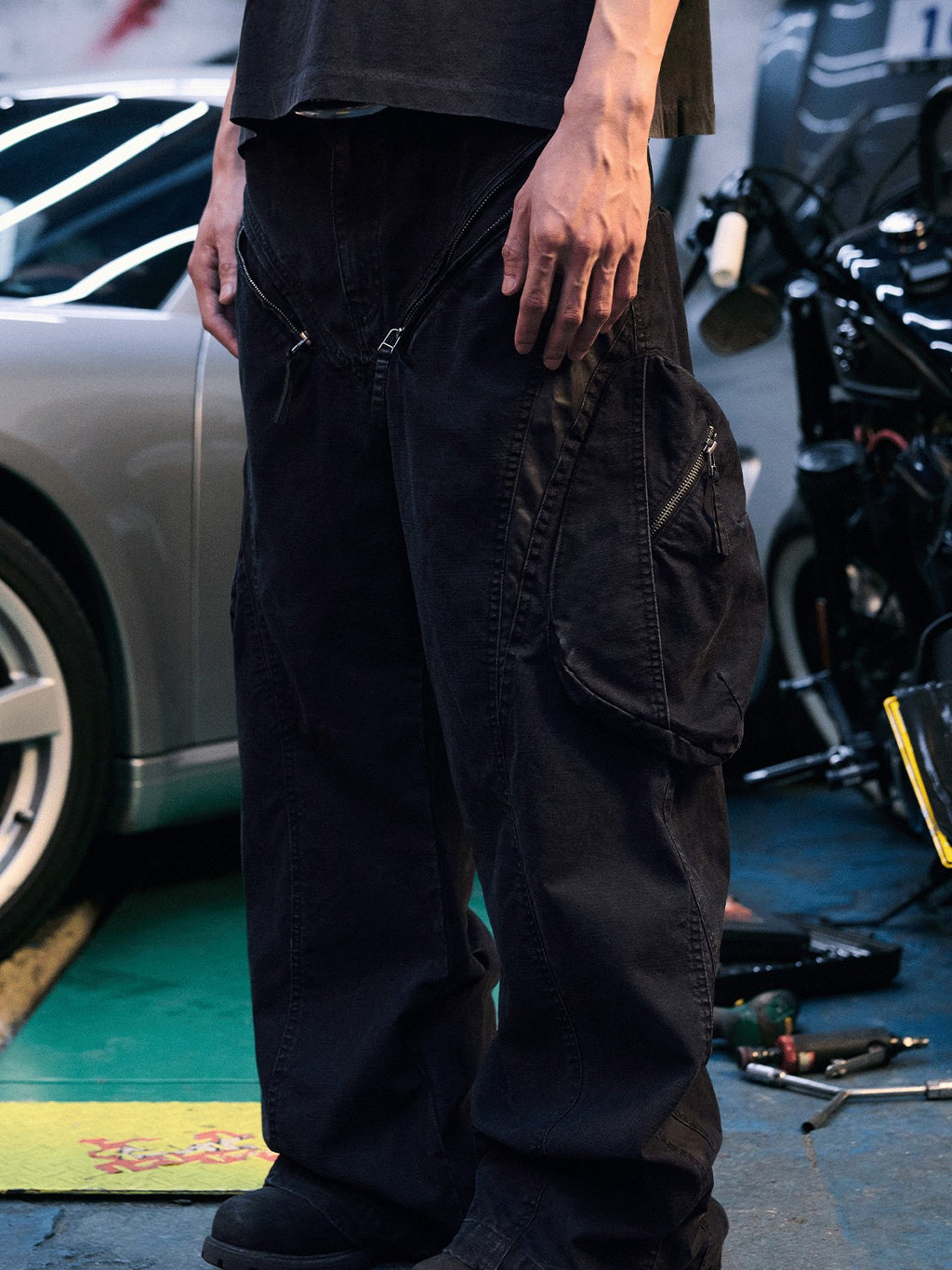 AvinMade Black Slub Canvas Patchwork Zipper Cargo Women's Cotton Straight-leg Pants