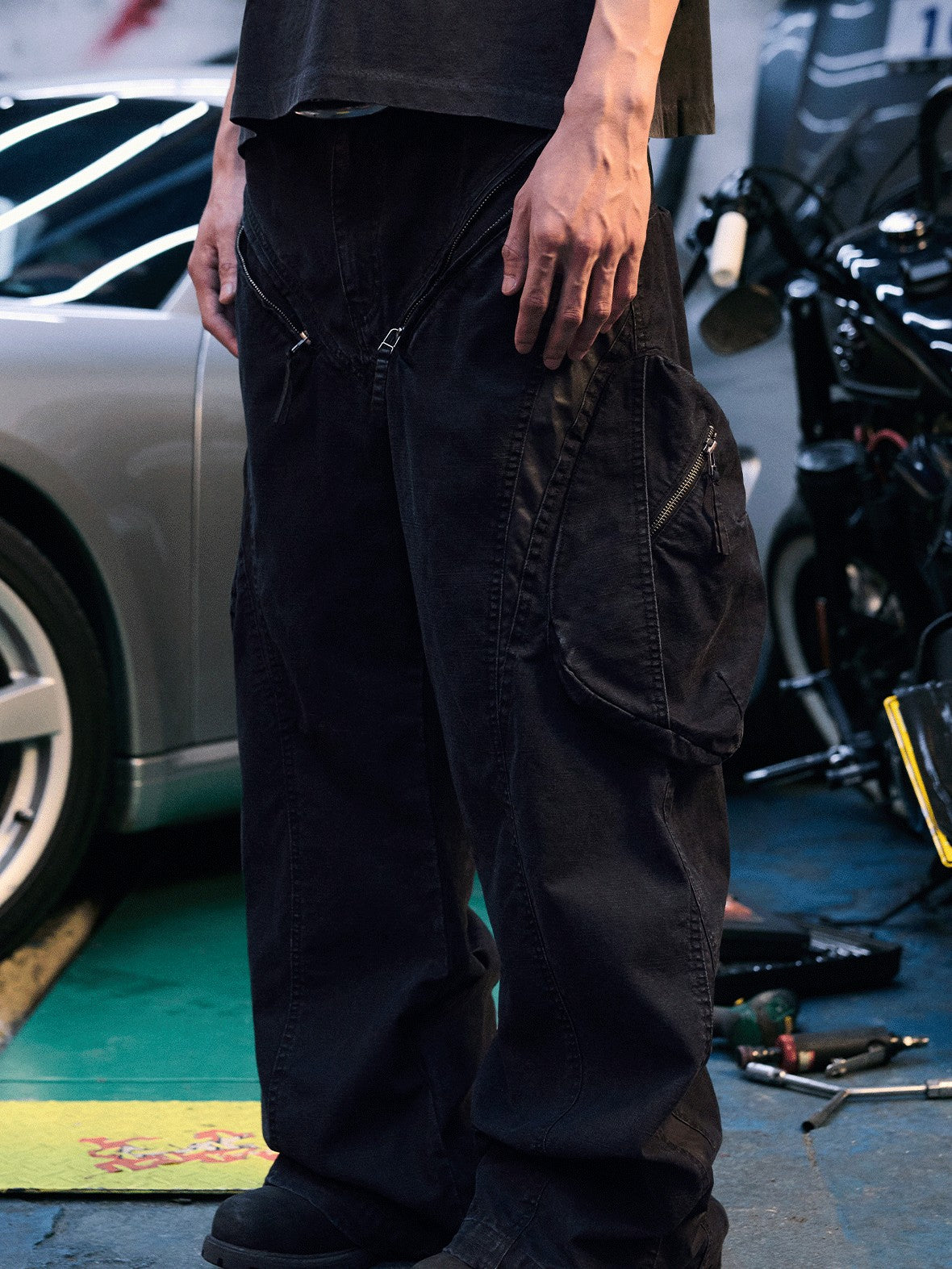 AvinMade Black Slub Canvas Patchwork Zipper Cargo Women's Cotton Straight-leg Pants