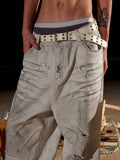 AvinMade Dirty White Splatter Ink Distressed Women's Denim Wide Loose Jeans