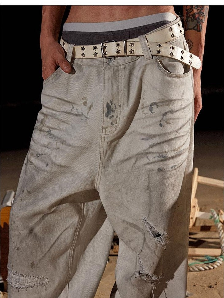 AvinMade Dirty White Splatter Ink Distressed Women's Denim Wide Loose Jeans