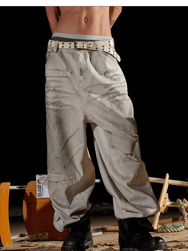 AvinMade Dirty White Splatter Ink Distressed Women's Denim Wide Loose Jeans