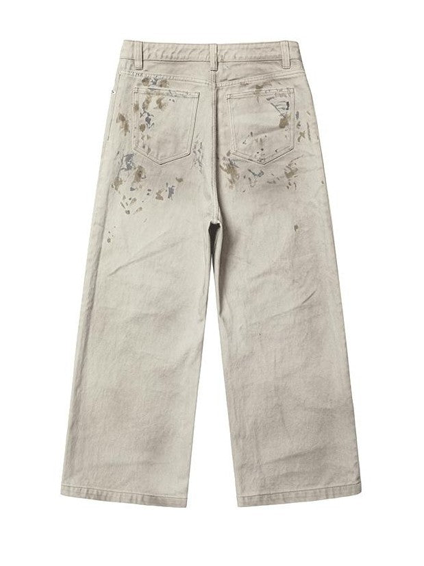 AvinMade Dirty White Splatter Ink Distressed Women's Denim Wide Loose Jeans