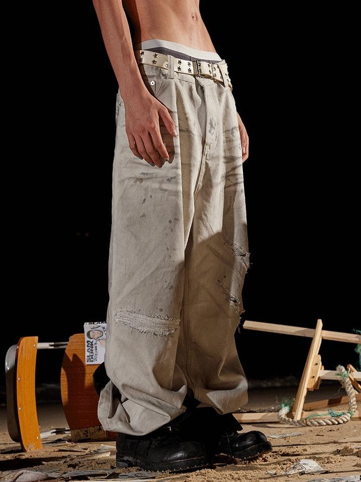AvinMade Dirty White Splatter Ink Distressed Women's Denim Wide Loose Jeans