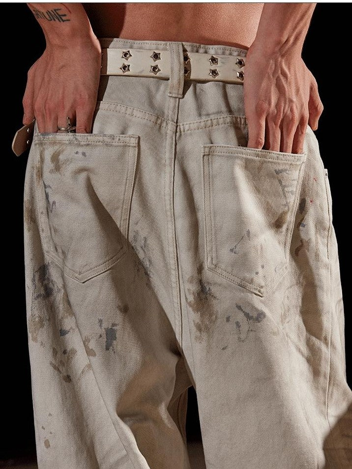 AvinMade Dirty White Splatter Ink Distressed Women's Denim Wide Loose Jeans