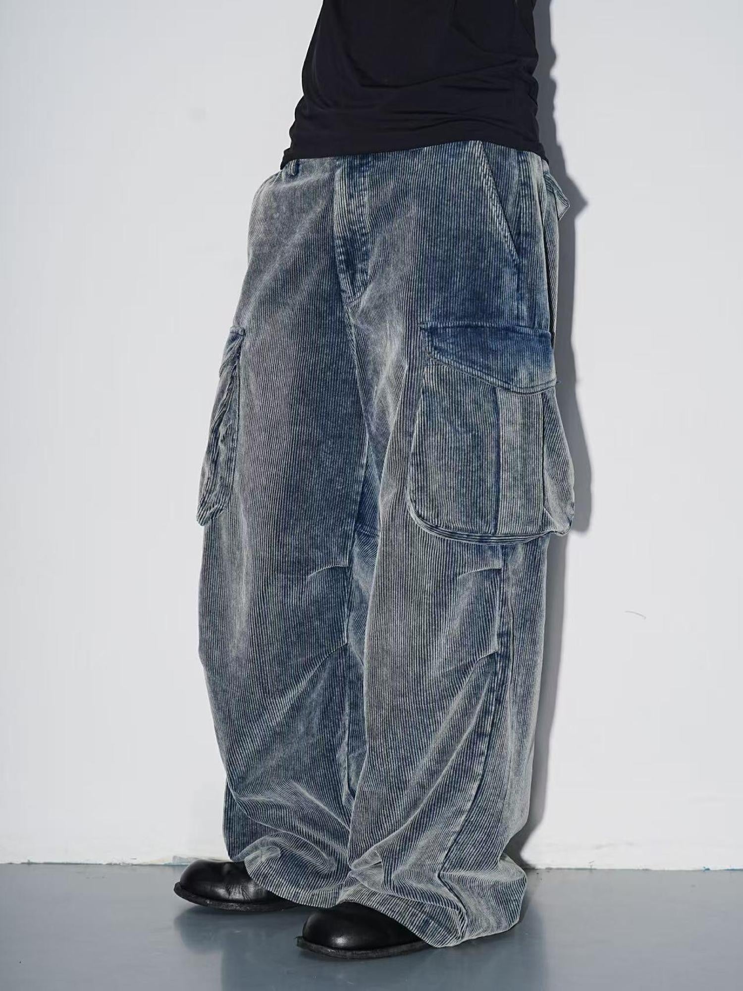AvinMade Distressed Loose Straight Mid Waist Women's Corduroy Cargo Pants