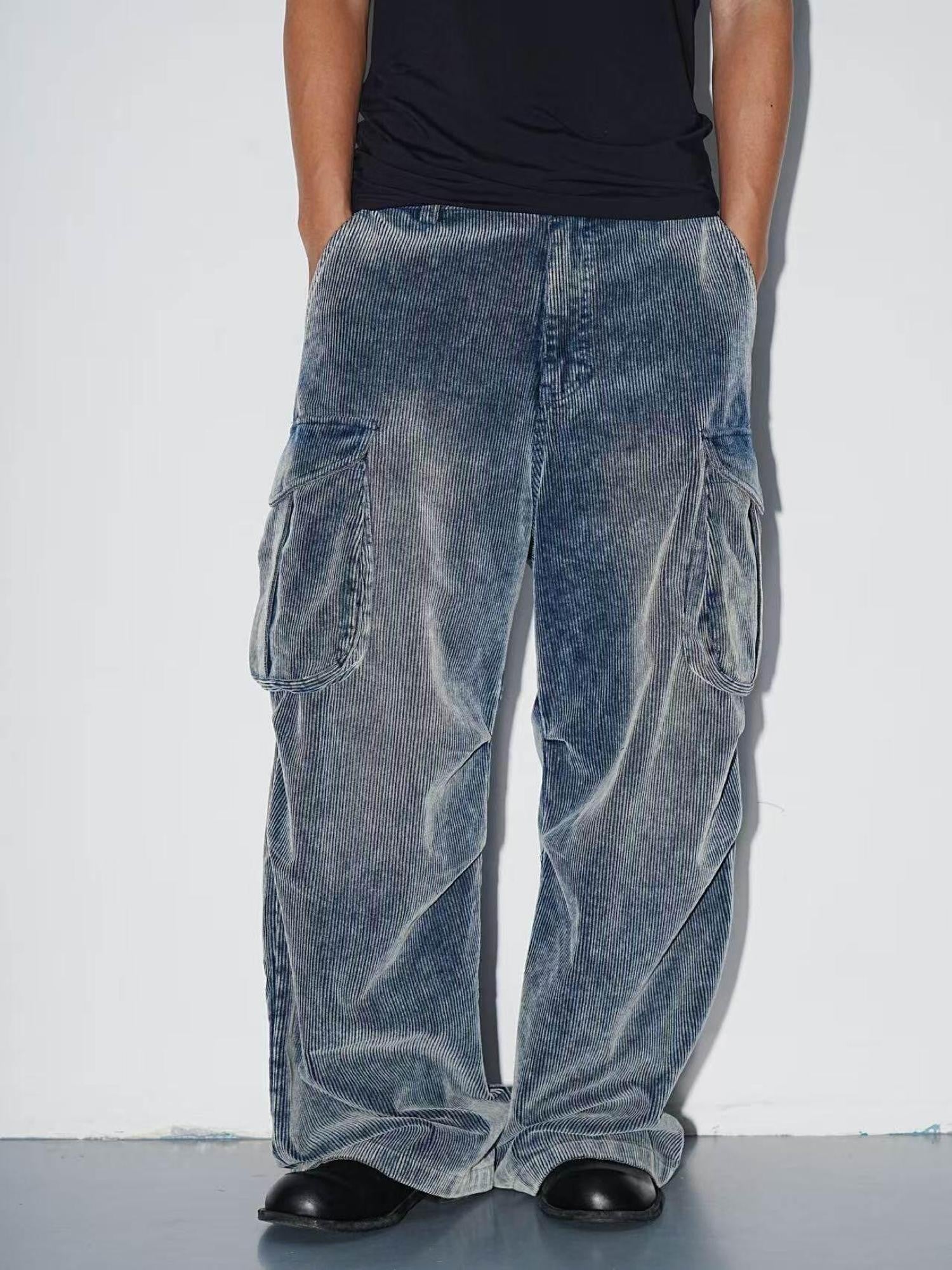 AvinMade Distressed Loose Straight Mid Waist Women's Corduroy Cargo Pants