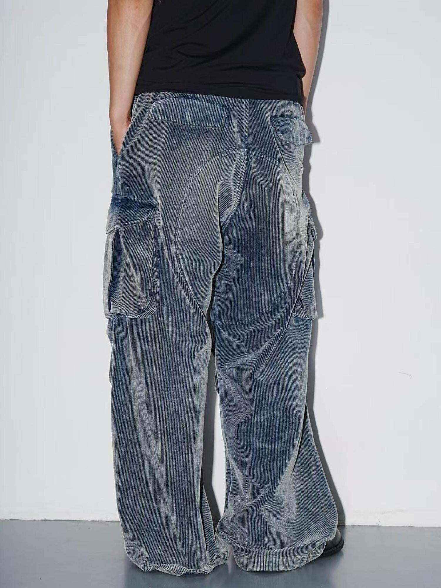AvinMade Distressed Loose Straight Mid Waist Women's Corduroy Cargo Pants